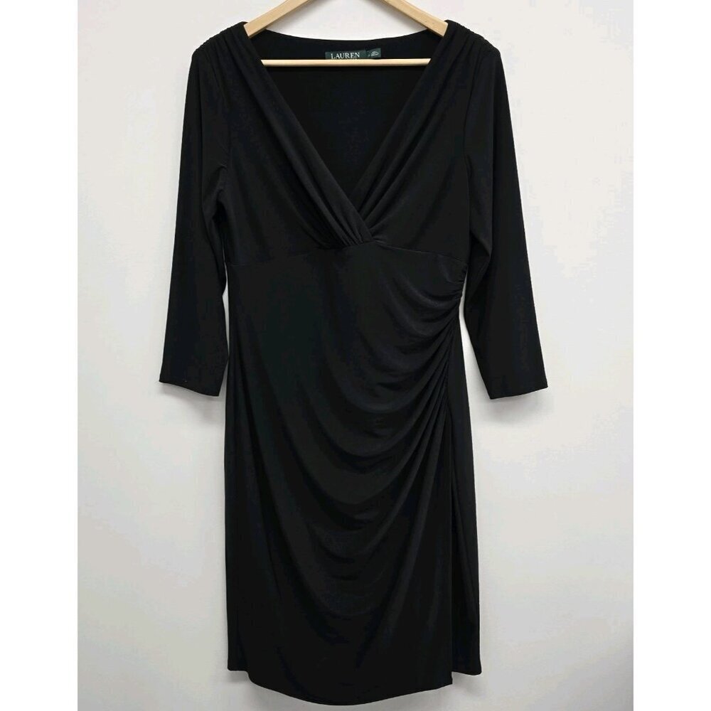 Lauren Ralph Lauren Faux Wrap Sheath Bodycon Dress Sz 12 V-Neck Stretch LBD